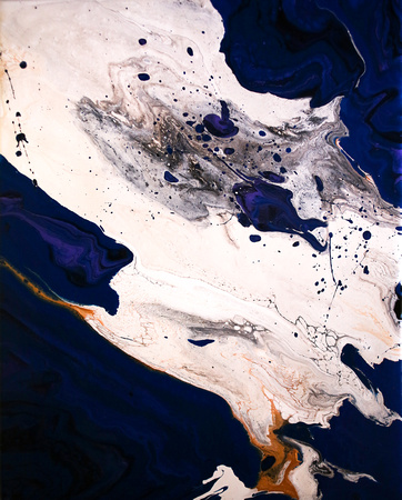 Indigo, Gold, Black, Blue, and White Fluid Acrylic Abstract Painting